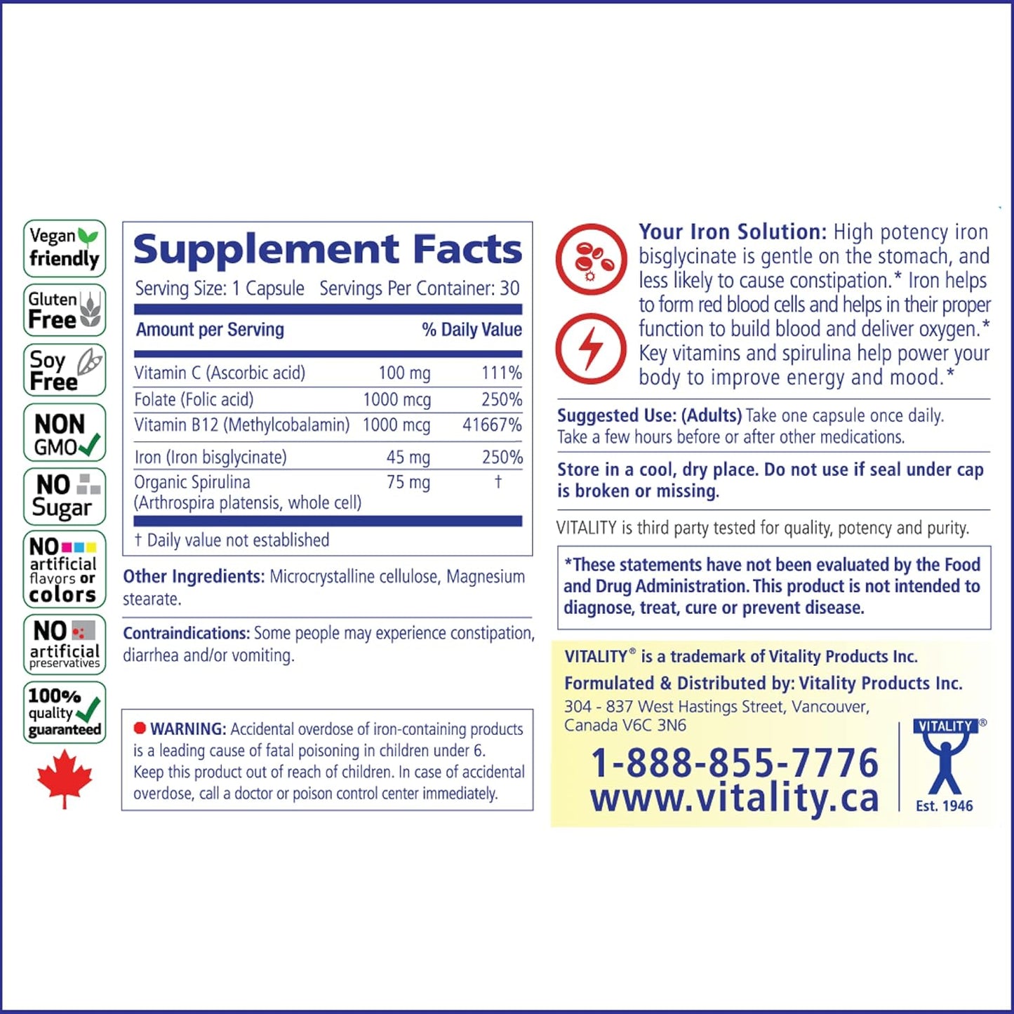 Power Iron + Spirulina - 45mg Iron Supplement for Blood Health | Vegan & Gentle on Stomach | 30 All-Natural Capsules for Iron Deficiency Support