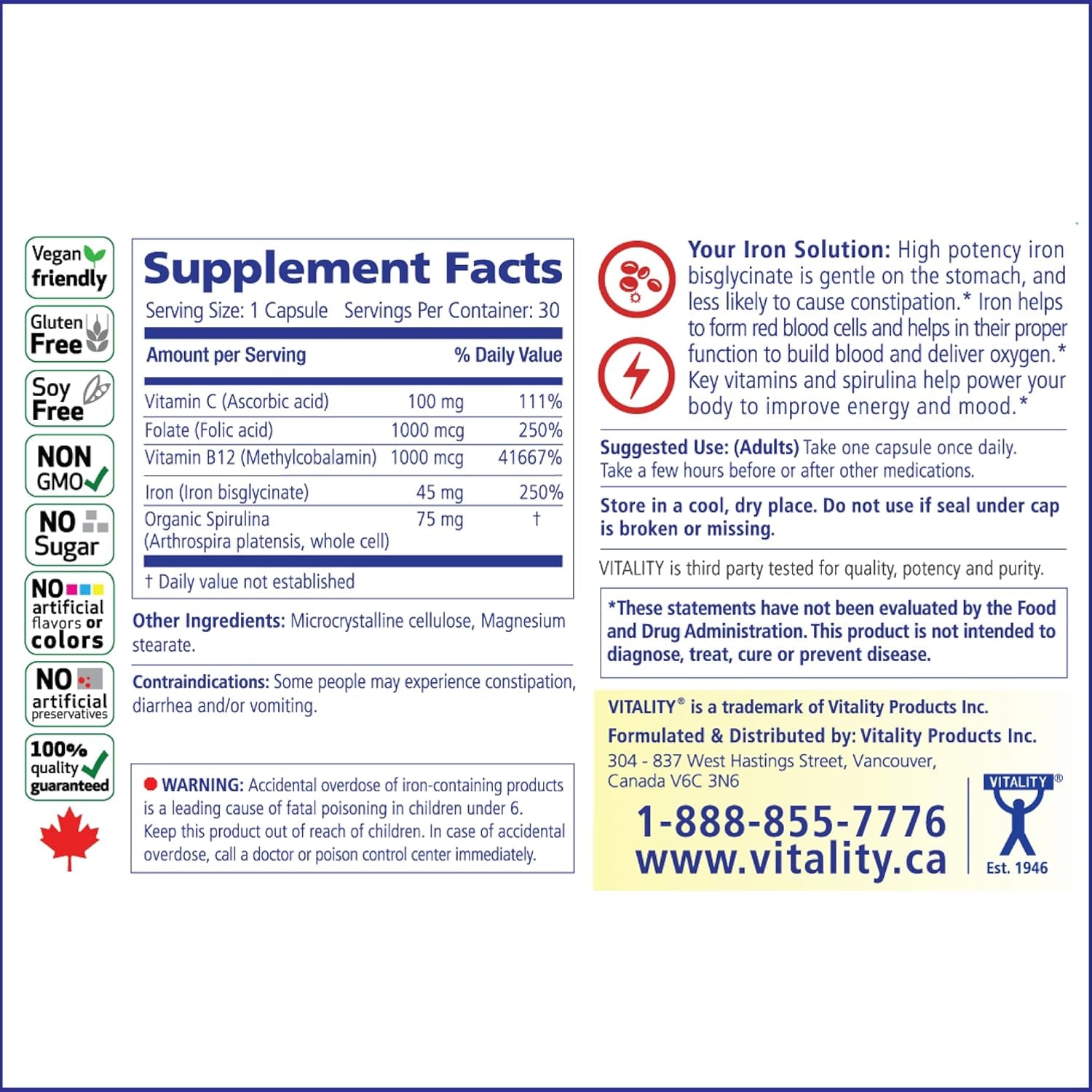 Power Iron + Spirulina - 45mg Iron Supplement for Blood Health | Vegan & Gentle on Stomach | 30 All-Natural Capsules for Iron Deficiency Support