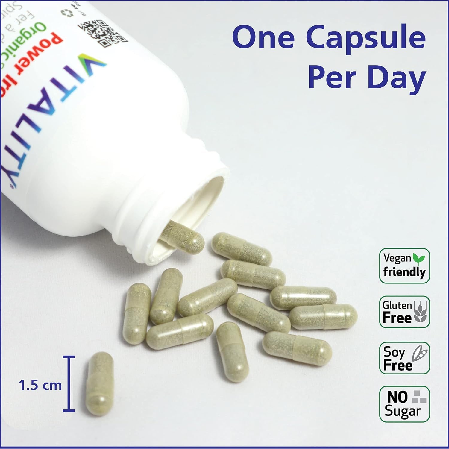 Power Iron + Spirulina - 45mg Iron Supplement for Blood Health | Vegan & Gentle on Stomach | 30 All-Natural Capsules for Iron Deficiency Support