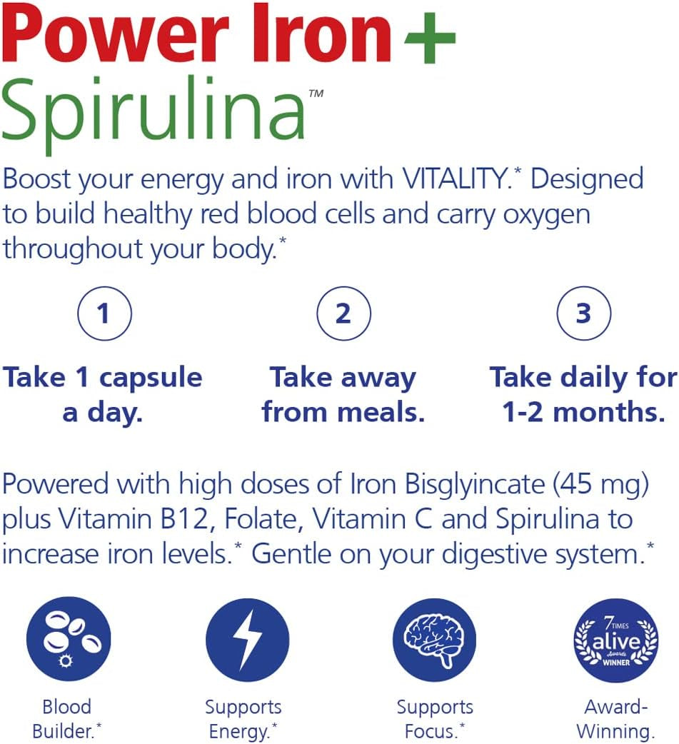 Power Iron + Spirulina - 45mg Iron Supplement for Blood Health | Vegan & Gentle on Stomach | 30 All-Natural Capsules for Iron Deficiency Support
