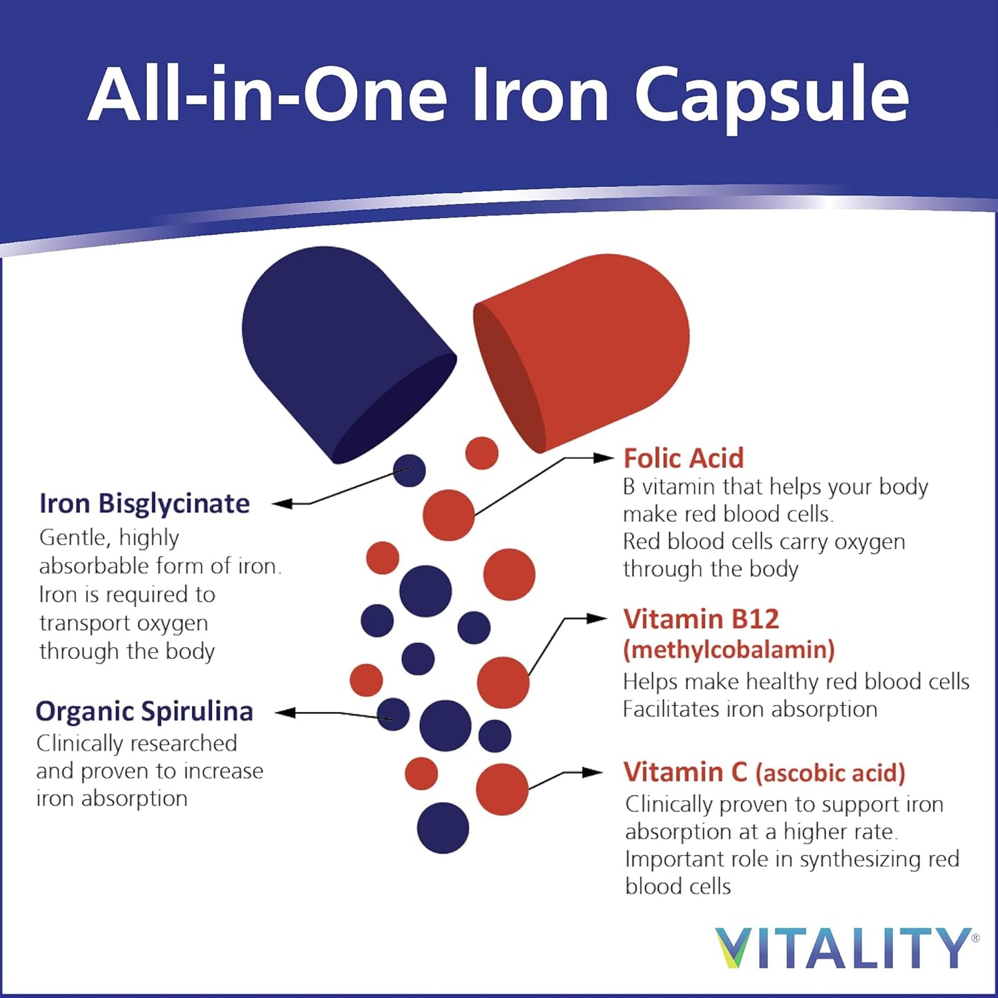 Power Iron + Spirulina - 45mg Iron Supplement for Blood Health | Vegan & Gentle on Stomach | 30 All-Natural Capsules for Iron Deficiency Support