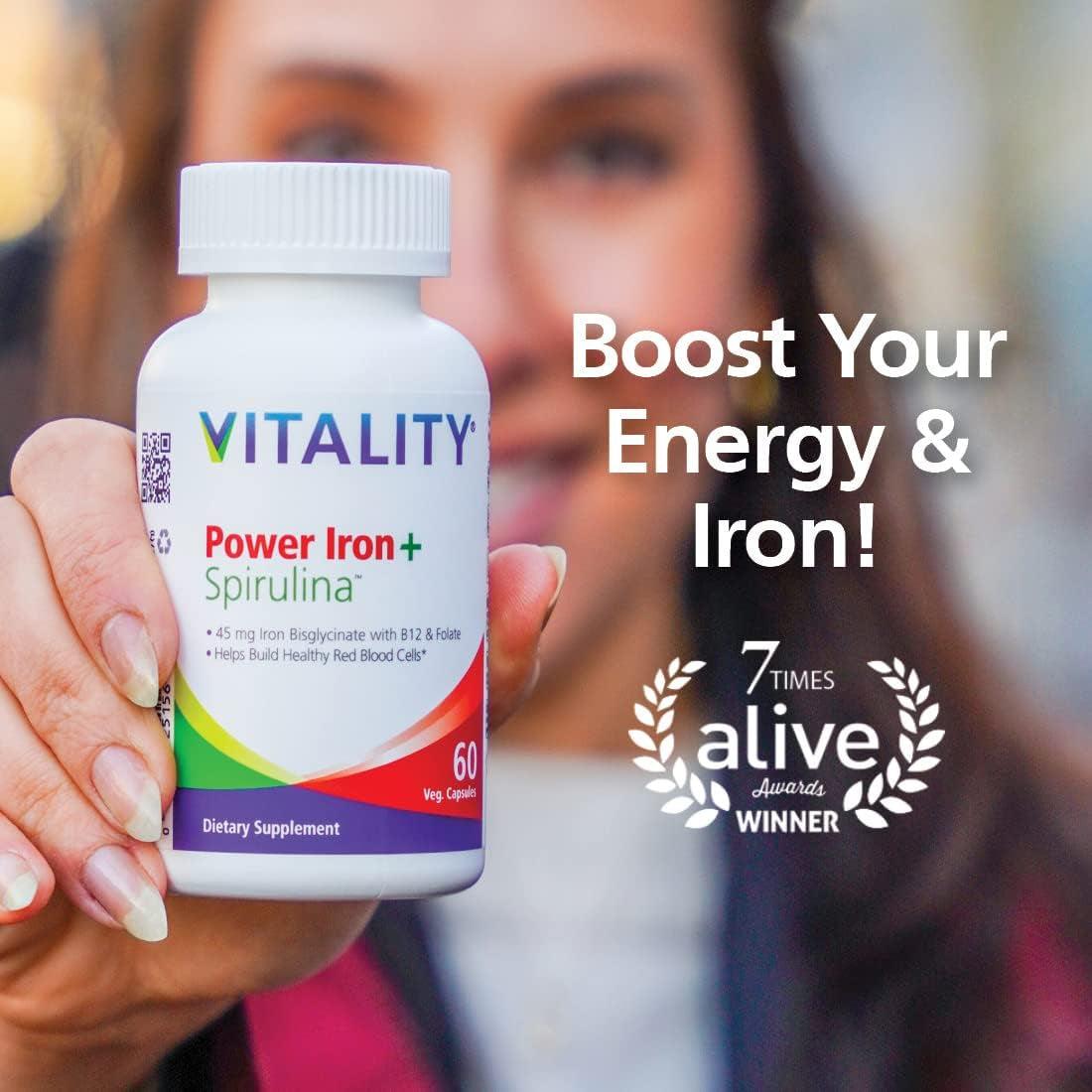 Power Iron + Spirulina - 45mg Iron Supplement for Blood Health | Vegan & Gentle on Stomach | 30 All-Natural Capsules for Iron Deficiency Support