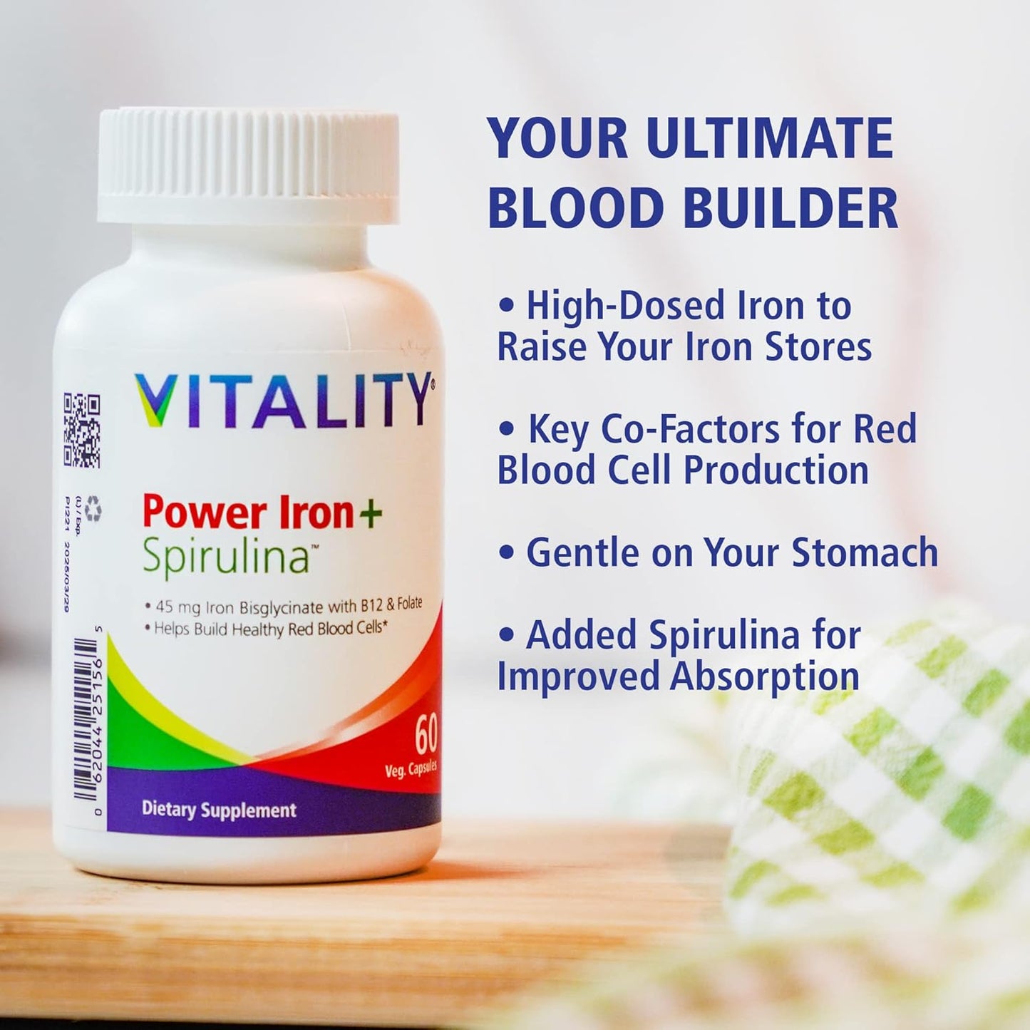 Power Iron + Spirulina - 45mg Iron Supplement for Blood Health | Vegan & Gentle on Stomach | 30 All-Natural Capsules for Iron Deficiency Support