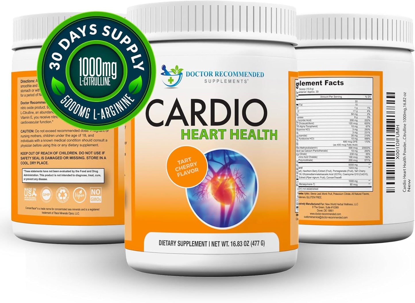 Ultimate Cardio Heart Health Powder - Power-Packed L-Arginine 5000mg & L-Citrulline 1000mg, 16.82 Oz for Optimal Heart Support