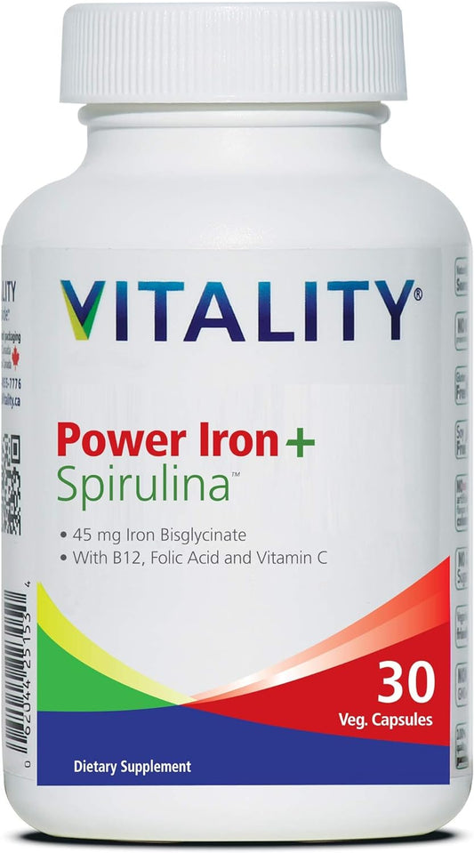 Power Iron + Spirulina - 45mg Iron Supplement for Blood Health | Vegan & Gentle on Stomach | 30 All-Natural Capsules for Iron Deficiency Support