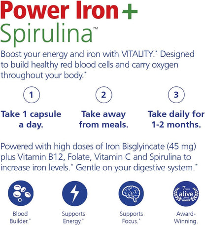 Power Iron + Spirulina - 45mg Iron Supplement for Blood Health | Vegan & Gentle on Stomach | 30 All-Natural Capsules for Iron Deficiency Support
