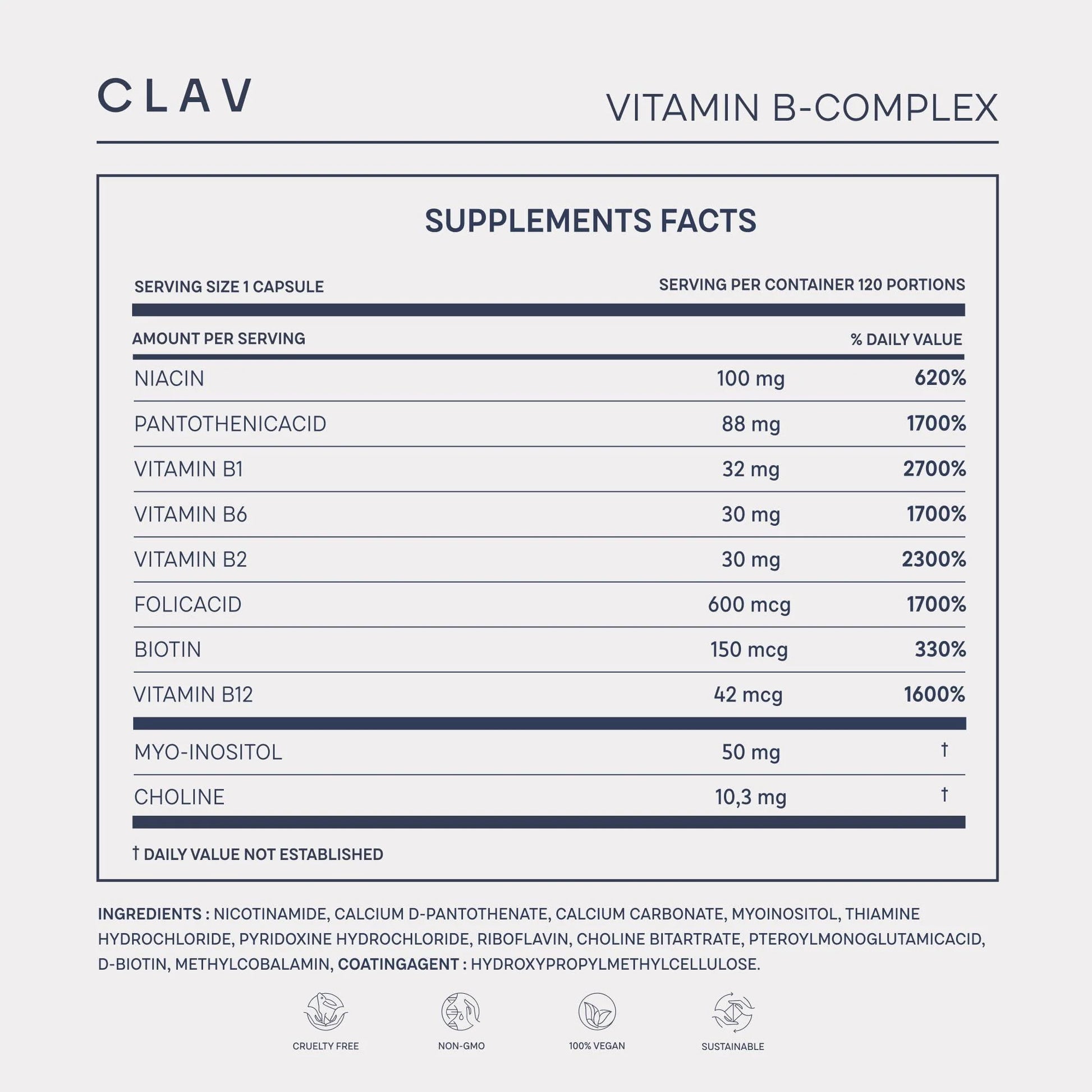 Vitamin B Complex 120 Capsules All 8 B Vitamins with Co Factors Myo Inositol