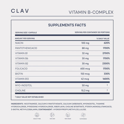 Vitamin B Complex 120 Capsules All 8 B Vitamins with Co Factors Myo Inositol