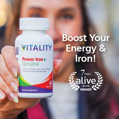 Power Iron + Spirulina - 45mg Iron Supplement for Blood Health | Vegan & Gentle on Stomach | 30 All-Natural Capsules for Iron Deficiency Support