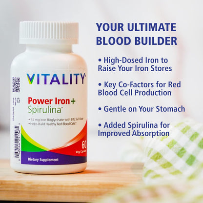 Power Iron + Spirulina - 45mg Iron Supplement for Blood Health | Vegan & Gentle on Stomach | 30 All-Natural Capsules for Iron Deficiency Support