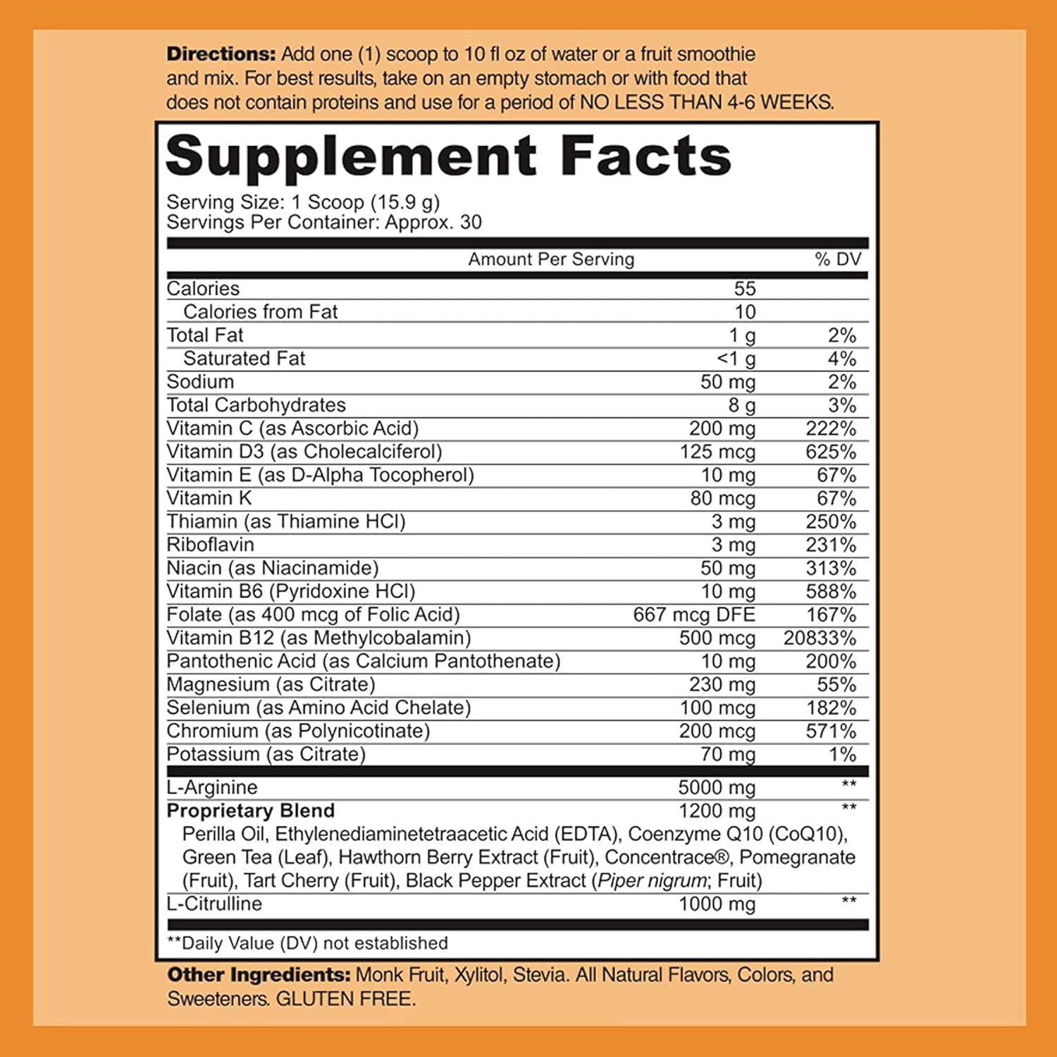 Ultimate Cardio Heart Health Powder - Power-Packed L-Arginine 5000mg & L-Citrulline 1000mg, 16.82 Oz for Optimal Heart Support